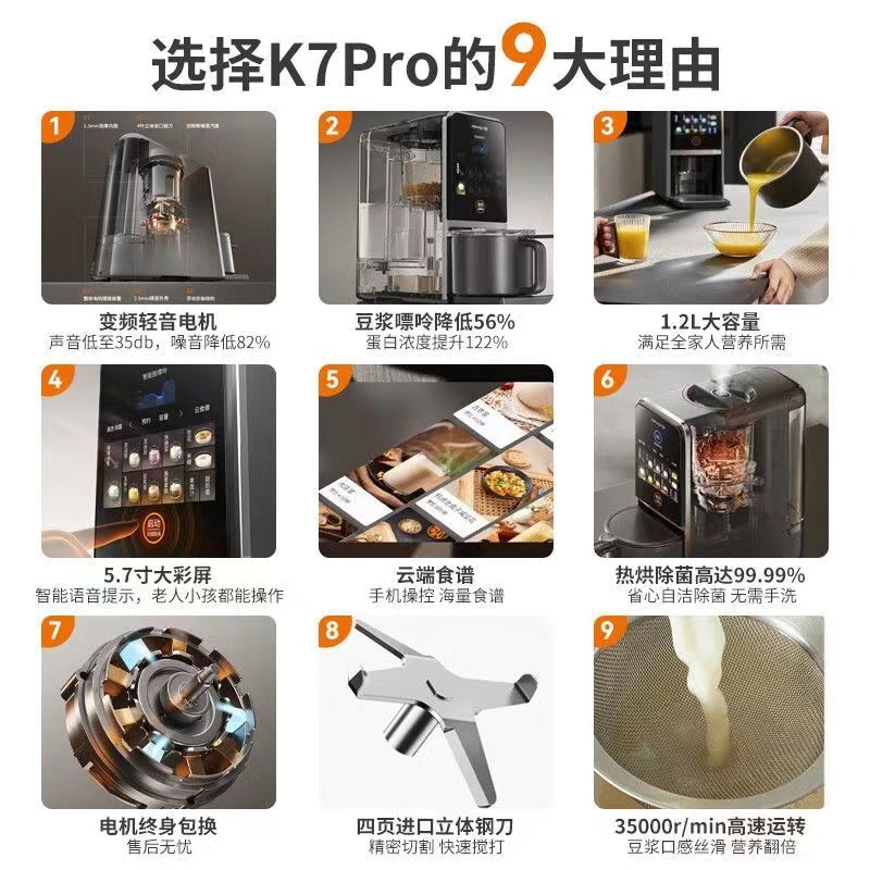 九阳豆浆机不用手洗家用全自动多功能变频轻音破壁机免滤K7pro
