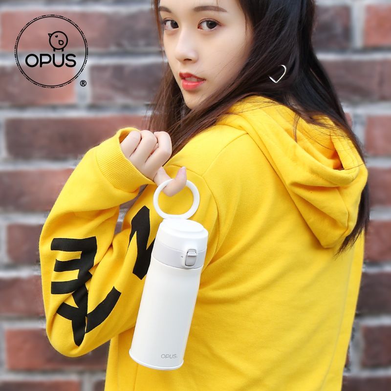 opus珠光白保温杯女士便携迷你情侣340ml水杯随行创意弹跳盖不锈钢杯子