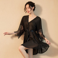 情趣内衣女 睡衣情趣透视开衫成人内衣床浴袍家居服可搭长夜漫漫制服套装性感诱惑免脱开档全透明连体丝袜蕾丝花边吊带女式情趣睡 黑色 均码