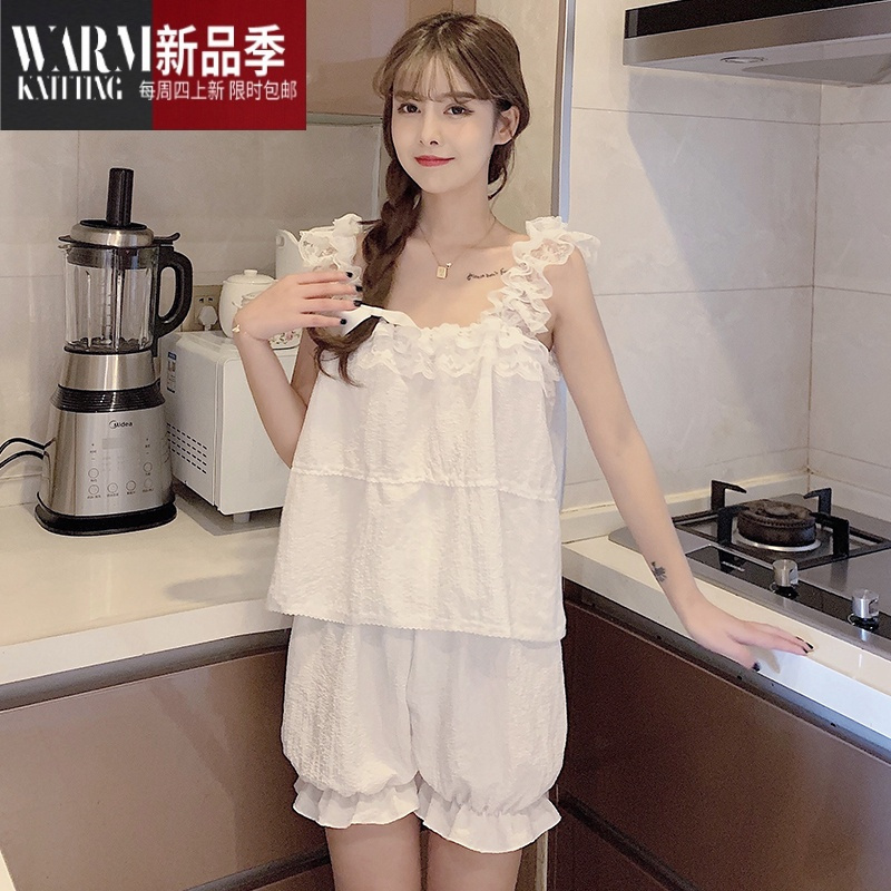 shanchao纯欲风睡衣女夏季薄款网纱休闲可爱背心吊带家居服套装可外穿