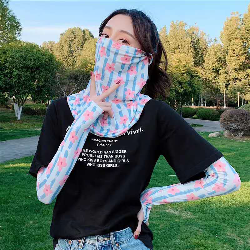 泫雅风面罩女遮脸护颈护脖子面纱套装冰丝手臂套袖套冰袖防晒透气 泫雅草莓 冰袖