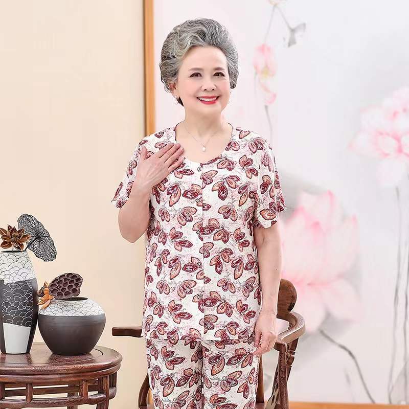妈妈装夏装棉绸套装中老年人女装短袖开衫60岁70老太太绵绸奶奶装 莎丞图片