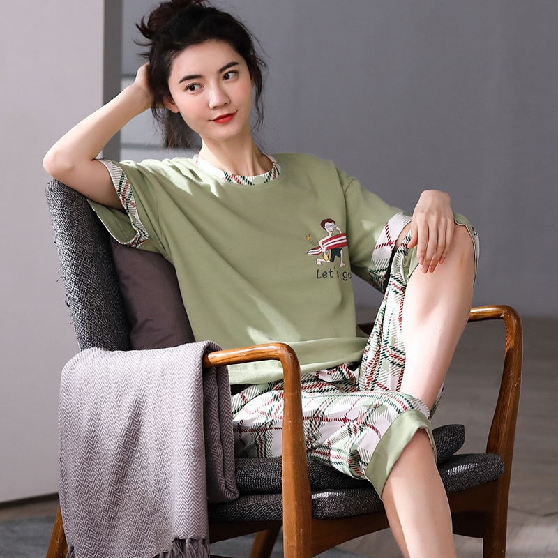 浪莎睡衣女夏季短袖学生韩版七分裤休闲薄款宽松甜美家居服可外穿