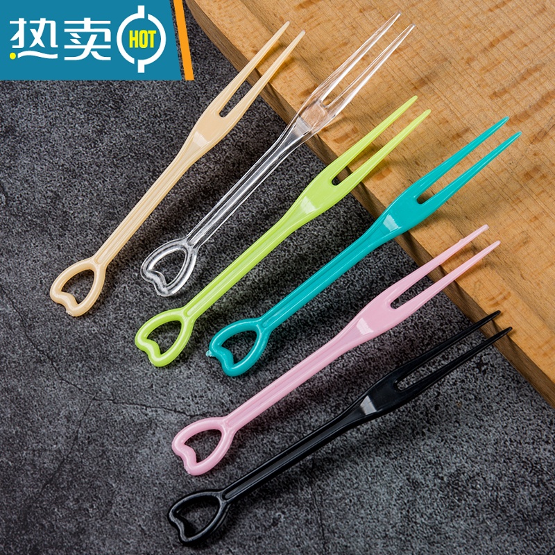 敬平小叉子透明彩色塑料单独包装水果叉蛋糕点心KTV果签 随机色心形叉500只8.5cm 简易包装高清大图