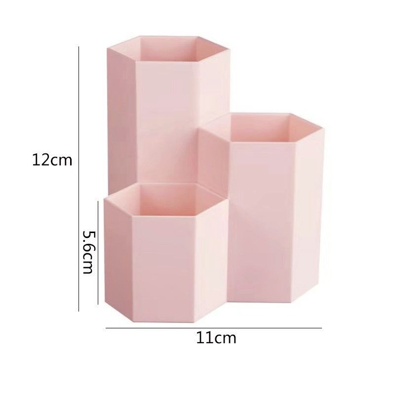 笔筒刷子桶化妆品收纳盒化妆筒化妆刷筒眉笔收纳筒 六棱柱3筒-可爱粉