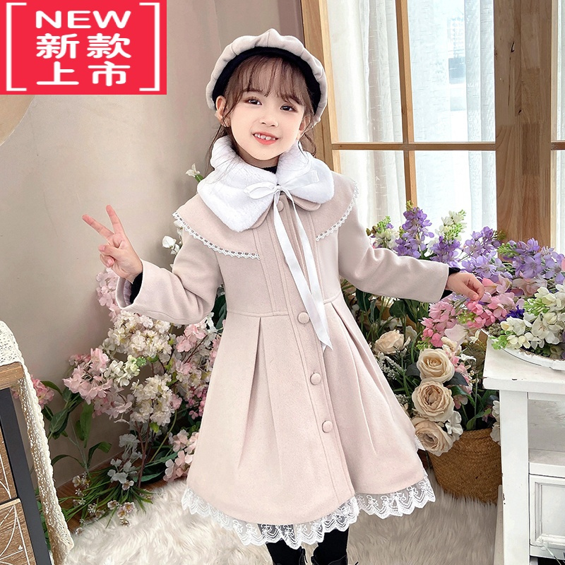 可莉允女童毛呢外套冬装2022新款儿童洋气呢子大衣夹棉加厚中长款连衣裙棉服