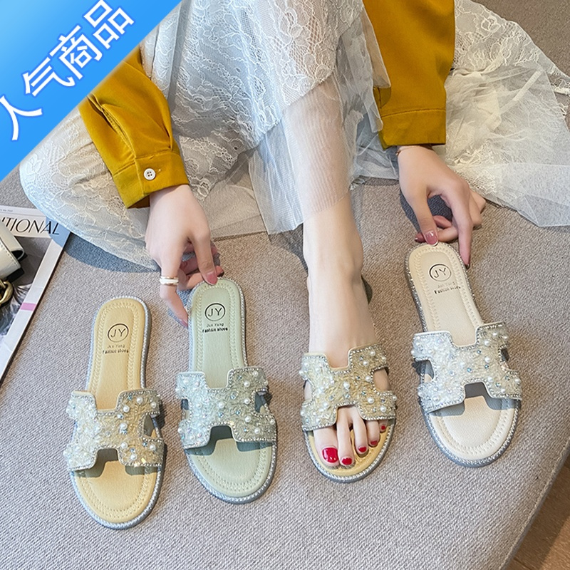 SUNTEK水钻凉鞋女气质仙女2023夏新款百搭一字带平底拖鞋外穿ins潮凉拖