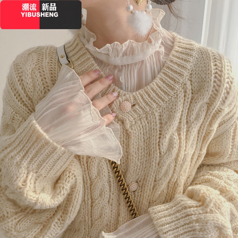 YIBUSHENG甜美雪纺蕾丝网纱打底衫女洋气薄款小衫长袖内搭宽松气质上衣春秋蕾丝衫 杏色 L