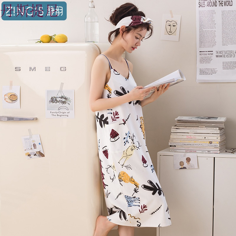 2018睡衣女夏纯棉薄款可两穿带睡裙可爱卡通女人宽松家居服