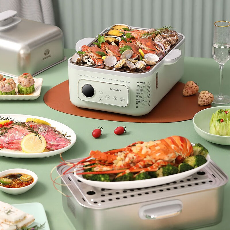 大宇DAEWOO 1500W双层容量14.5L可拆卸多功能电蒸锅 莫兰迪绿 DYZG-1568高清大图