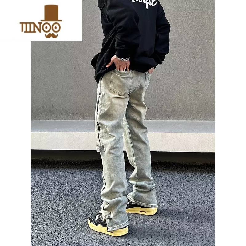 YANXU美式水洗黄泥染侧拉链牛仔裤男vibe风高街宽松直筒排扣开叉长裤洗高清大图