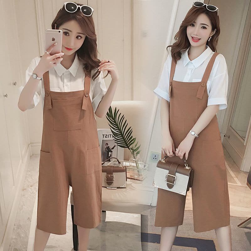 迪鲁奥(DILUAO)孕妇装 2021夏季休闲纯棉背带裤+衬衫两件套阔腿裤两件套装 图片色图片