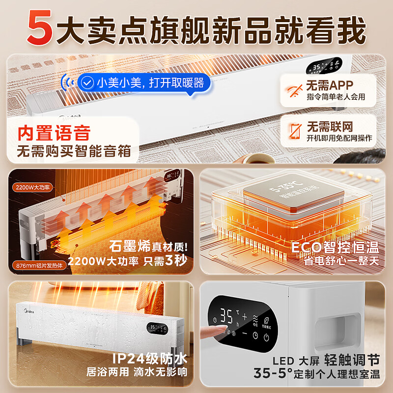 美的(Midea)石墨烯踢脚线取暖器语音电热电暖器家用暖风机浴室电暖气速热省电烤火炉 HDT22ZK高清大图