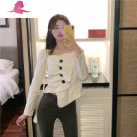 艳如飞复古方领一字肩上衣女秋韩版长袖锁骨心机设计感百搭短款洋气小衫衬衫