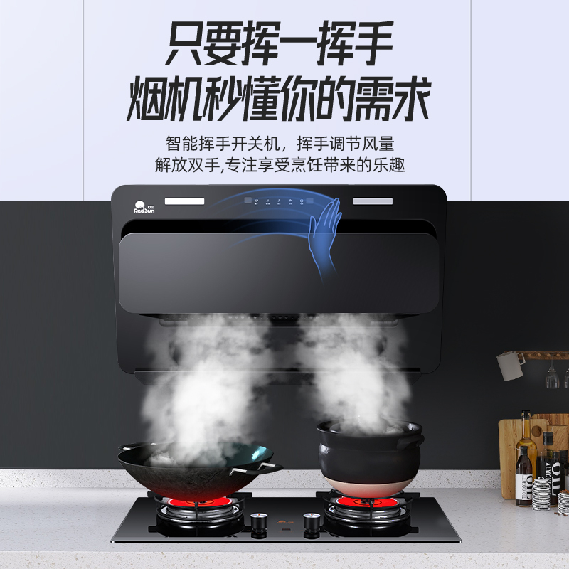 红日(RedSun)侧吸式油烟机红外线燃气灶组合烟灶套装厨电套装立体进风定时防遗忘JED16H+EM208B 液化气