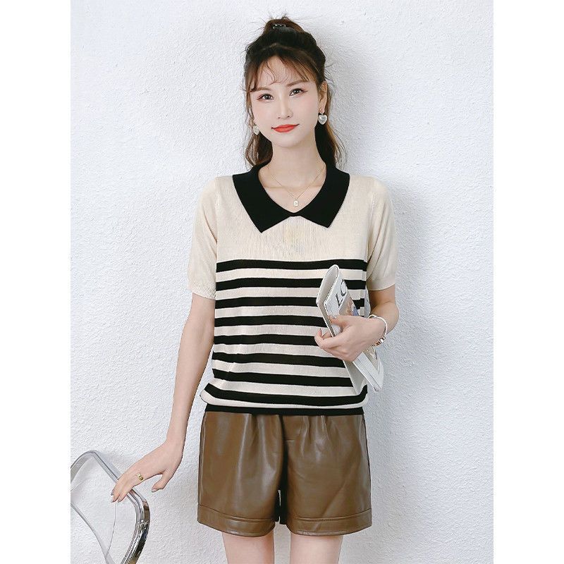CACHE CACHE春夏新款娃娃领假两件条纹针织女经典撞色百搭T恤