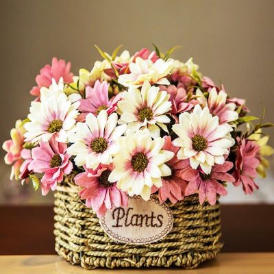 三维工匠塑料花假花盆栽客厅桌面摆设干花花束室内办公室装饰品娟花篮摆件 粉色波斯菊双耳草编