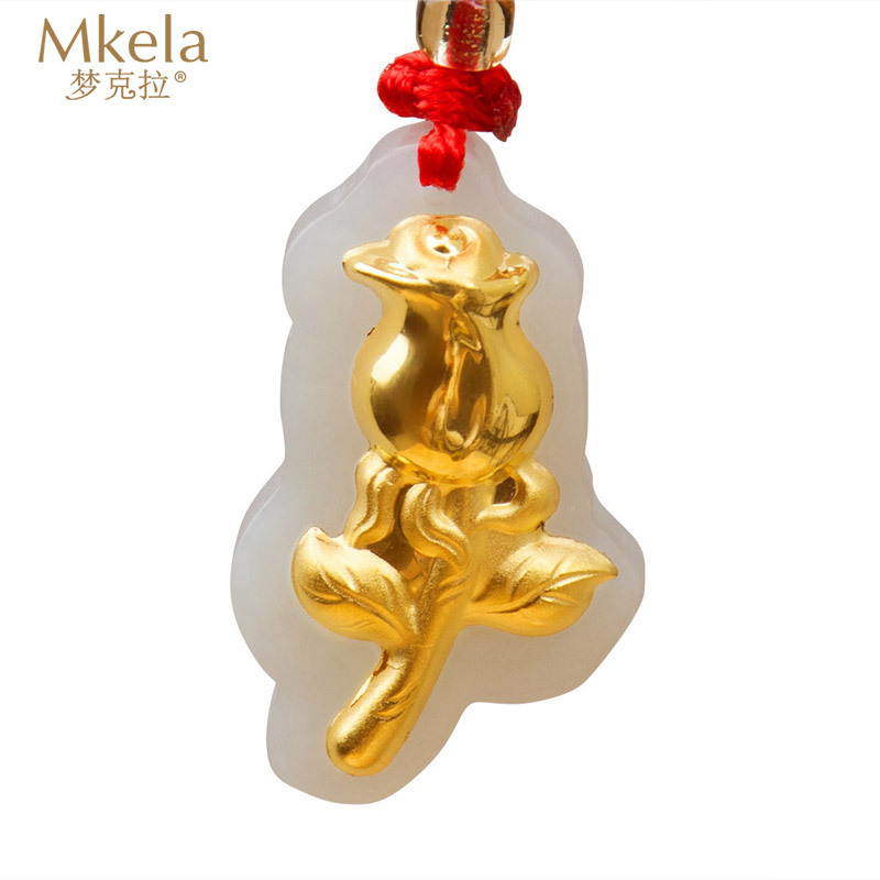 梦克拉 Mkela 黄金金镶玉吊坠 足金玫瑰花和田玉白玉玉坠带证 玫瑰花香 金镶玉玫瑰花吊坠 玉石吊坠 和田玉 NGTC