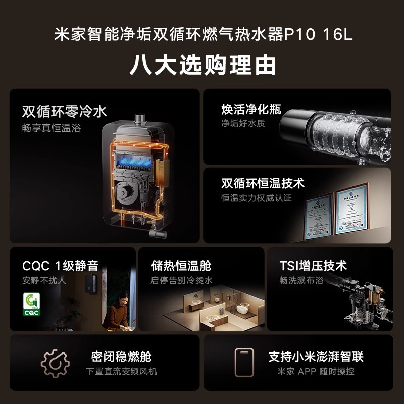 米家小米智能净垢双循环燃气热水器P10 16L零冷水双驱水伺服增压净水天然气JSQ30-MJ06