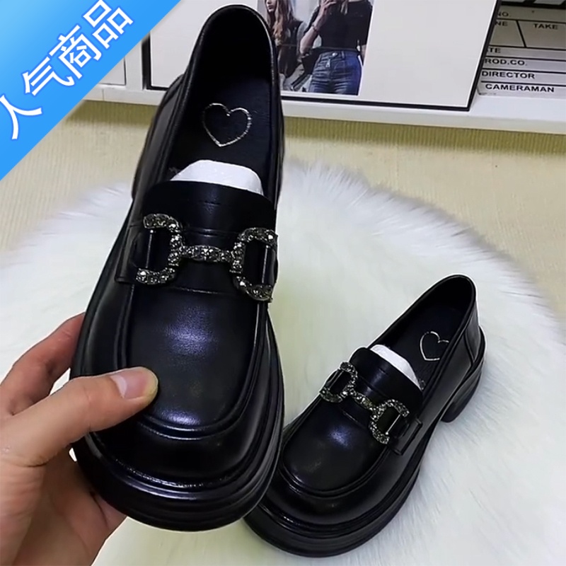 SUNTEK漆皮乐福鞋女2023春秋新款百搭松糕厚底小皮鞋增高软底小圆头单鞋高清大图