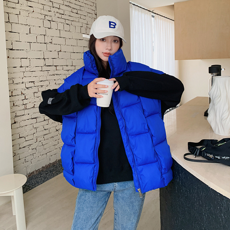冬季新款立体编织时尚个性方块潮流保暖马甲2023韩版宽松百搭女士 蓝色 M