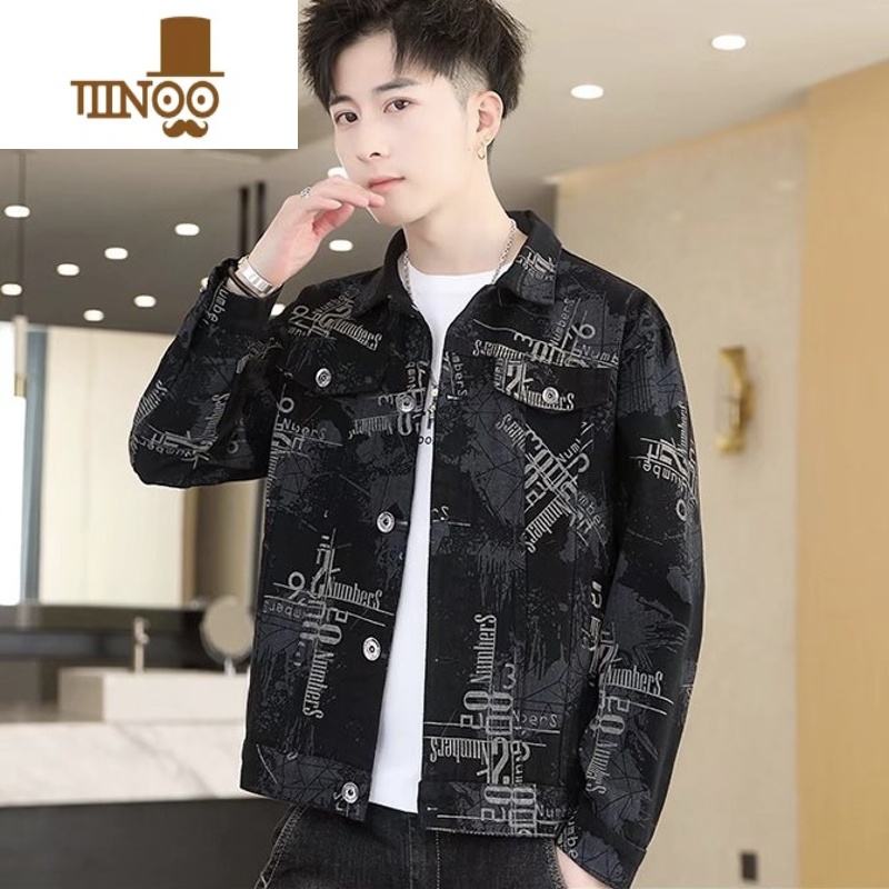 YANXU2023秋季字母印花牛仔外套男士潮牌宽松百搭韩版翻领夹克休闲上衣高清大图