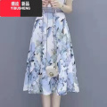 YIBUSHENG雪纺碎花连衣裙女装2024年季新款仙气收腰早春秋时尚薄裙气 3XL建议145-160斤 蓝色单件裙子