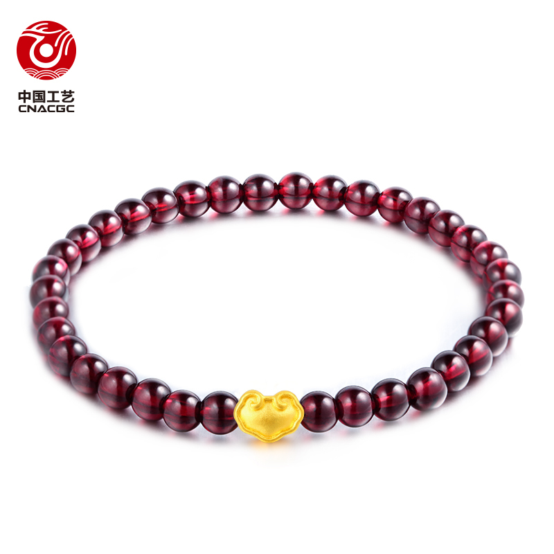 中国工艺足金999金锁3D硬金石榴石手链正品黄金饰品 幸运黄金珠宝手串石榴石手链