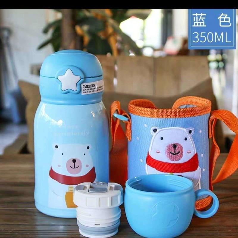 儿童保温杯带吸管小学生婴幼儿园水壶两用便携宝宝外出小孩男女童 316不锈钢保温杯小熊蓝色350ML 一杯3盖+杯套