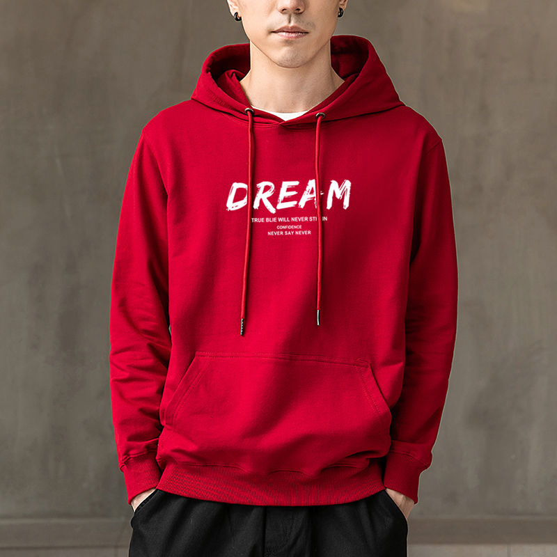 棉帽衫男春秋季不加绒 冬季加绒卫衣男连帽青少年套头衫 红色DER不加绒 3XL建议150-165斤