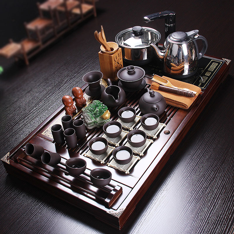 百鸿 整套功夫茶具冰裂釉茶具套装实木茶盘茶海托盘 百福图圣龙19头紫砂带电热炉套装