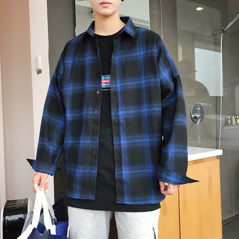 2018春夏男士格子宽松衬衣小猫印花落肩袖长袖衬衫青年学生薄外套
