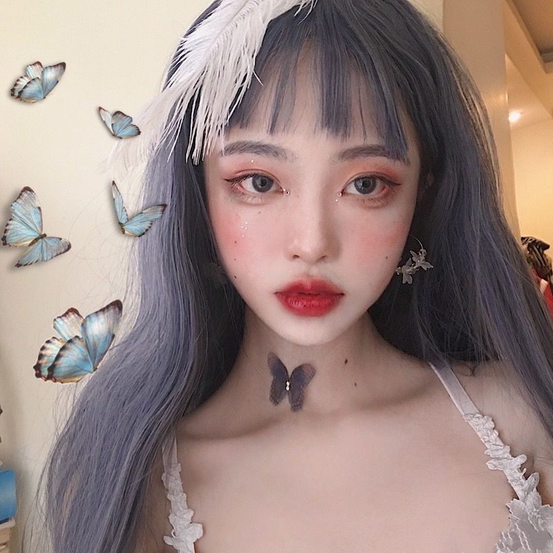 假发女长发逼真自然全头套空气刘海黑长直发气质修脸帽子假发|[雾霾蓝] 送:发网