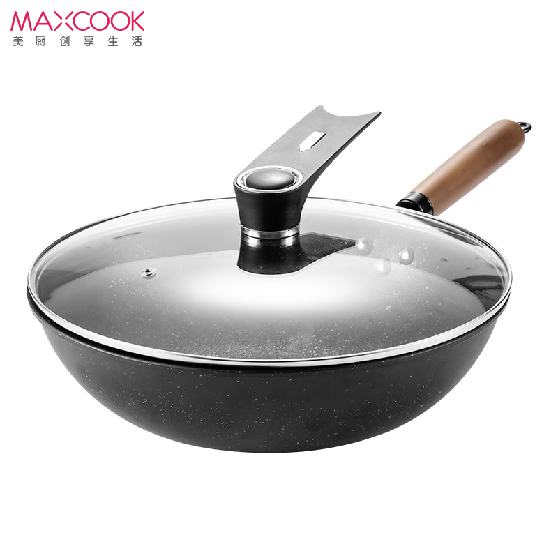 美厨(maxcook)不粘炒锅 麦饭石色不粘锅32cm 少油烟平底锅立盖锅具电磁炉燃气煤气灶明火通用炒菜锅MCC640