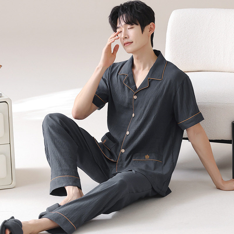 2026新款睡衣男士夏季短袖长裤翻领云朵棉开衫套装青少年家居服高清大图