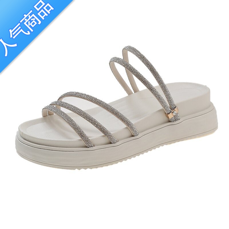 SUNTEK外穿拖鞋女2023夏季新款百搭休闲厚底一字拖时尚水钻平底凉女高清大图