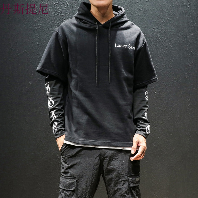 ins超火的男卫衣秋季字母连帽长袖套头衫大码假两件学生连帽上衣