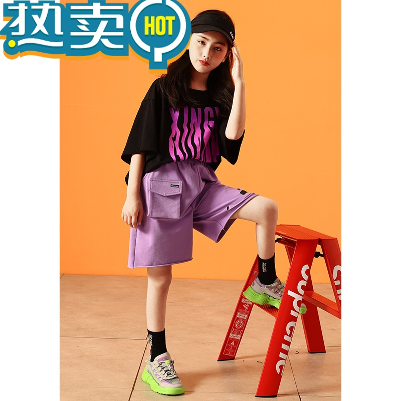 绿彩虹光女童夏季套装2023时髦洋气休闲夏装中大童短袖短裤两件套