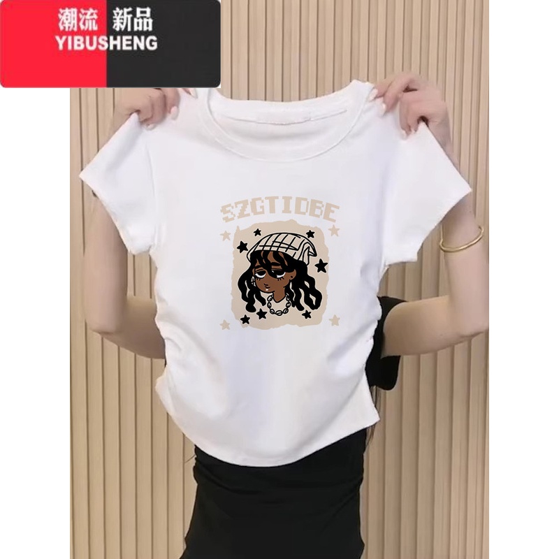 YIBUSHENG黑色短款正肩短袖t恤女季设计感小众修身显瘦体恤上衣2024新款 白色-D41嘻哈女孩 XL116-130