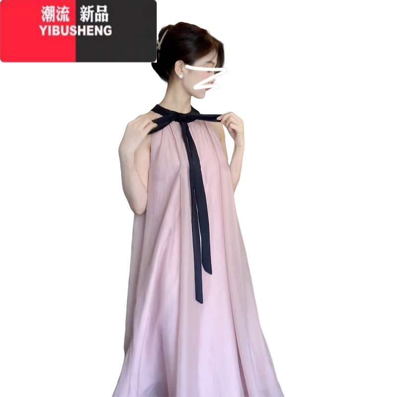 YIBUSHENG粉色气质无袖挂脖吊带连衣裙子女季2024新款温柔风法式甜美长裙高清大图