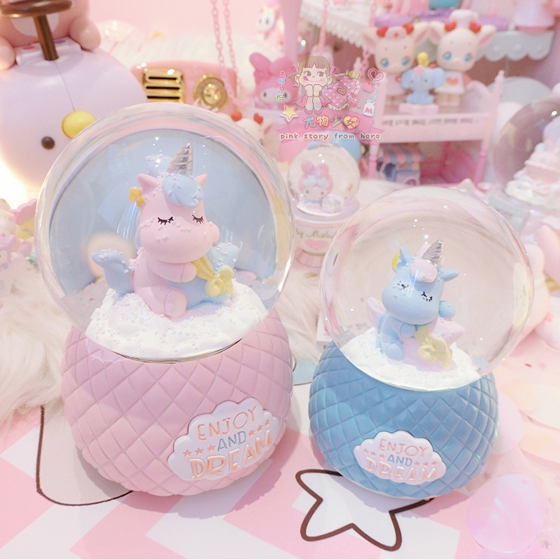 美帮汇软萌嘟嘟独角兽飘雪水晶球少女心粉色音乐盒发光桌面摆件高清大图