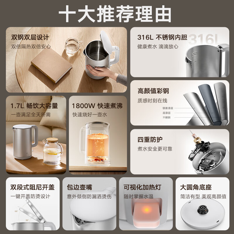 小米(MI)电水壶S1 1.7L升 米家烧水壶电热水壶煮水壶家用 食品级304不锈钢 1800W快速加热 自动断电大容量高清大图