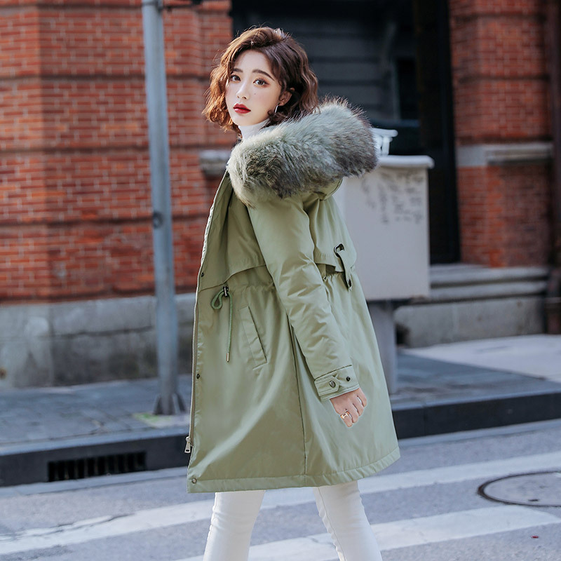 冬新款加厚棉衣女内加绒派克服女长款大毛领羽绒棉服大码外套 豆绿 XXL