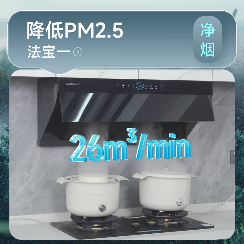康宝(Canbo)三净抽油烟机家用顶侧吸式26m³大吸力厨房自清洁CXW-210-BE705液化气套装