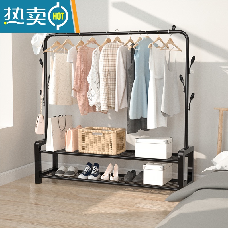 敬平简易晾衣架落地折叠阳台挂晒衣架卧室内家用学生宿舍收纳衣服架子 120cm宽[白]双层网格+衣帽钩 中高清大图