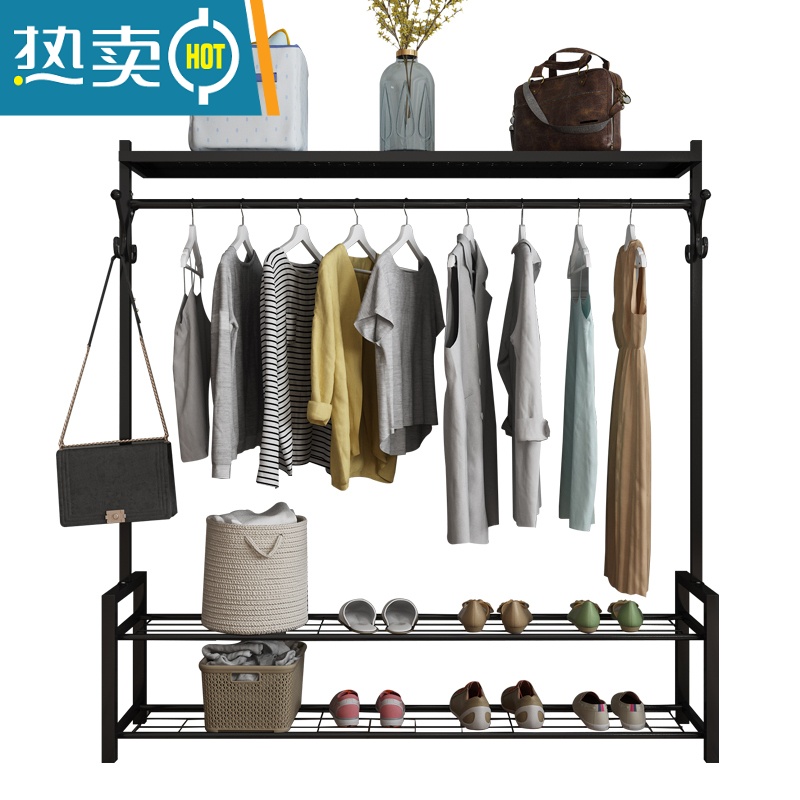 敬平挂衣架落地卧室折叠晒衣服架子简易单杆室内晾衣杆家用阳台凉衣架 白色150长上下置物板 大晾晒架高清大图