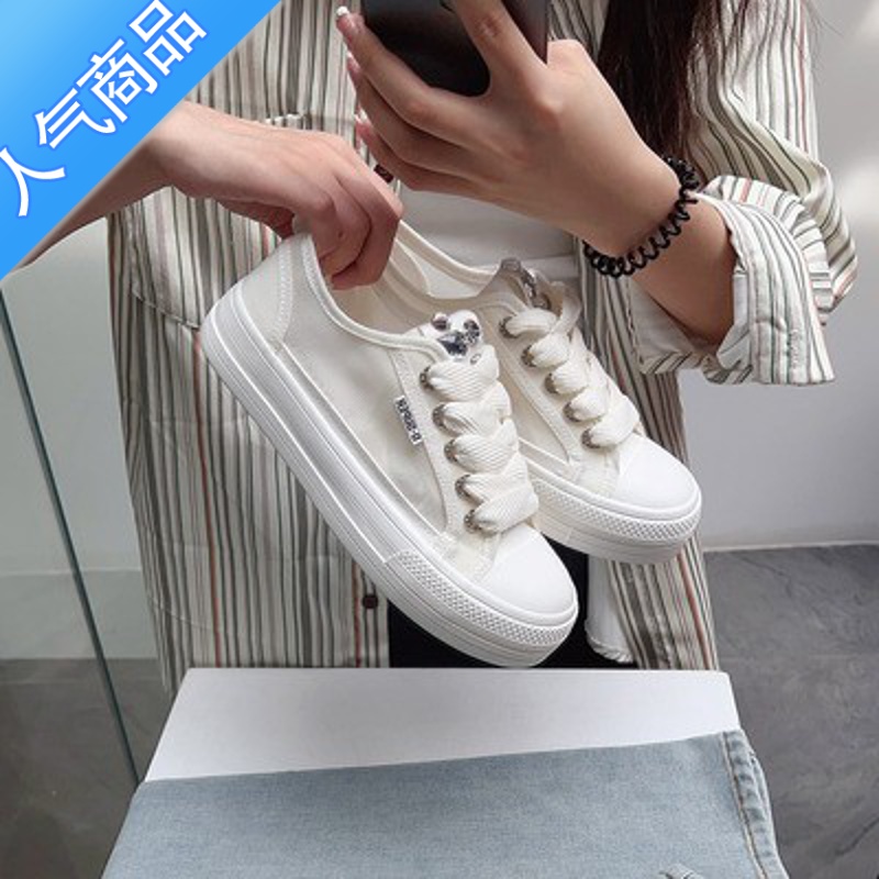 SUNTEK帆布鞋女2023新款夏季薄款透气网面网鞋厚底百搭配裙子小白鞋高清大图