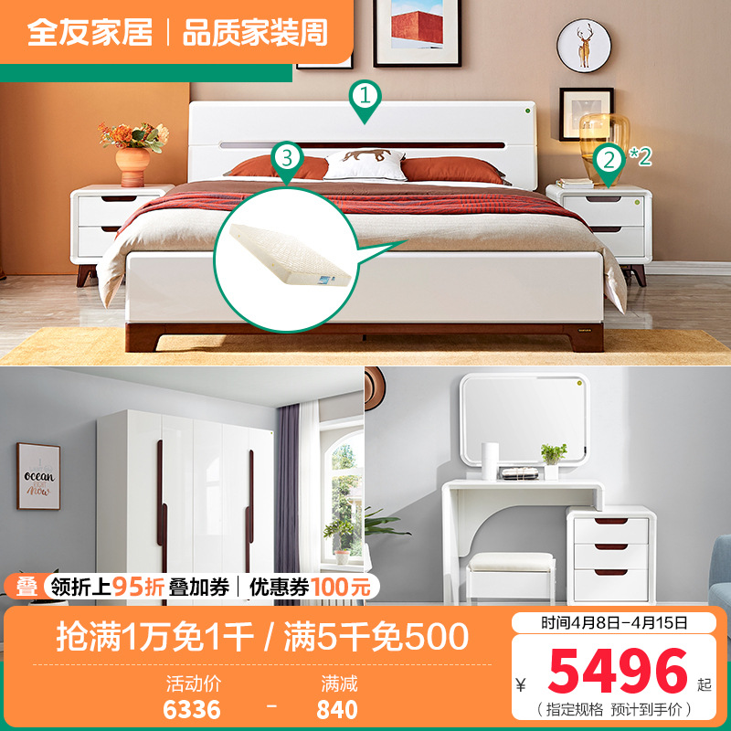 全友家居 现代简约卧室家具套装 双人床衣柜梳妆台凳 1.8米床+床头柜*2+105001床垫+五门衣柜+梳妆台凳