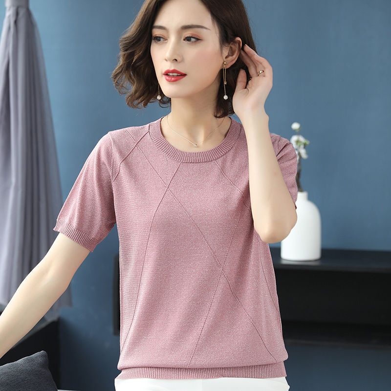 珂卡慕(kekamu)冰丝针织短袖t恤女装时尚休闲百搭亮丝韩版宽松显瘦