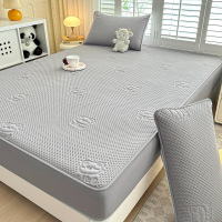 A类原棉防水床笠加厚夹棉床罩隔尿全包围床垫防尘罩保护套 48x74cm枕套一对 爱豆熊—深灰-【A类母婴级】MT